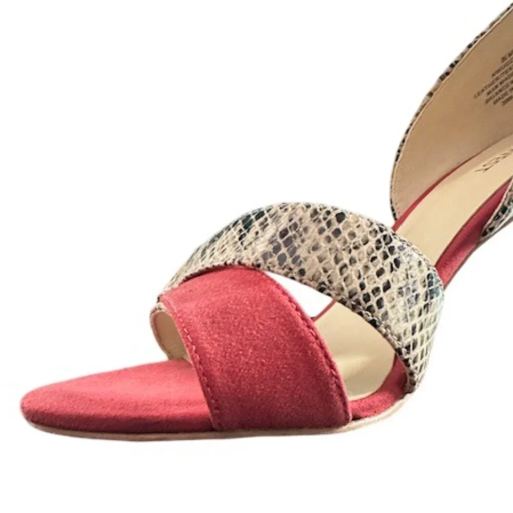Nine West Snakeskin Print with Coral Suede Open Toe Stiletto Heel - Size 8.5 - Picture 4 of 10